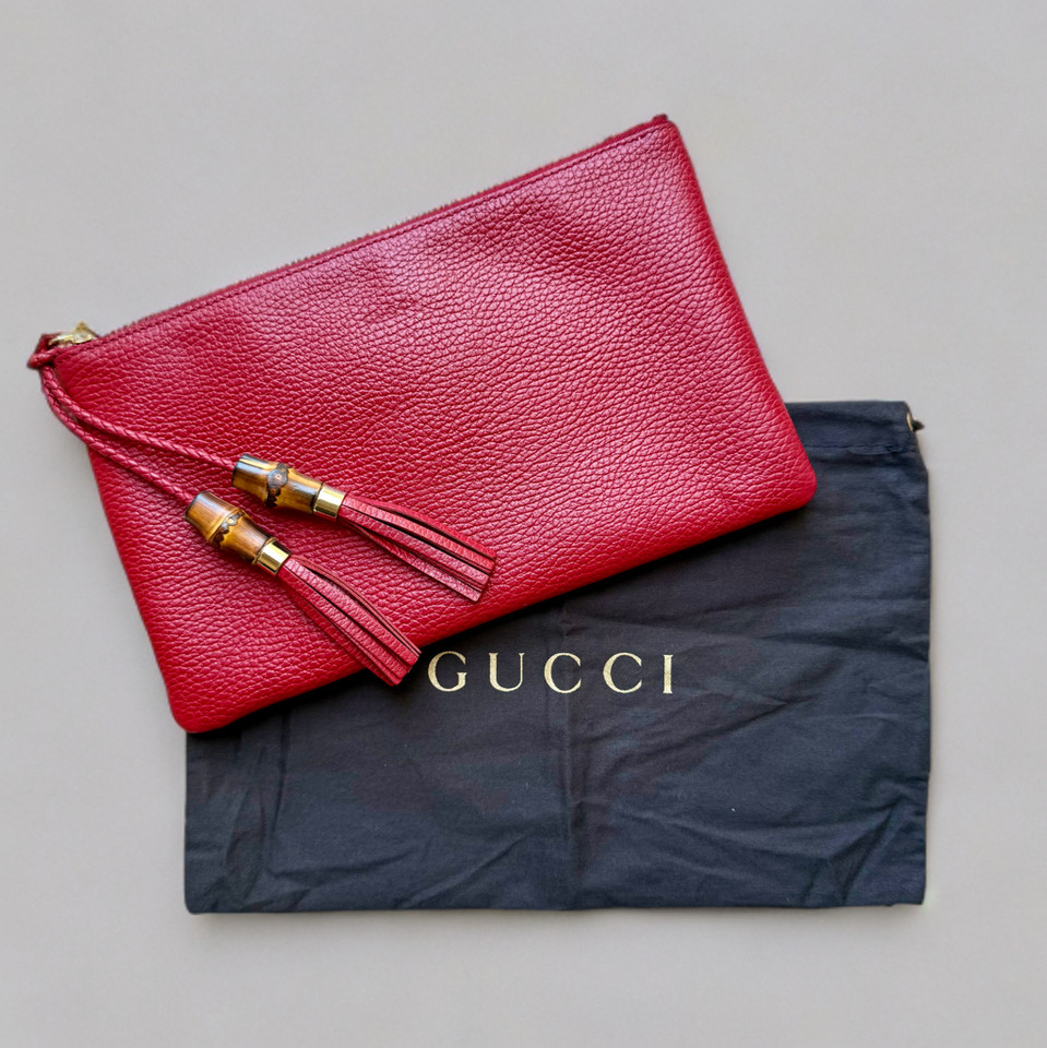 Gucci Red Leather Bamboo Tassel Zip Pouch Clutch