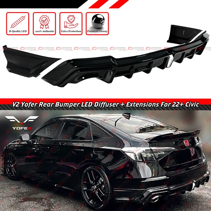 For 22-26 Honda Civic Sedan Yofer V2 Gloss Black Rear Diffuser Kit W/ White LED - Image 2 of 4