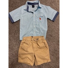 US Polo Assn Kids Blue Stripe Short Sleeve Button Up Shirt Khaki Shorts Set S4/5