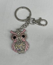 Sparkling Keychain bling Purse Charm pink silver tone Owl enamel Rhinestone NEW