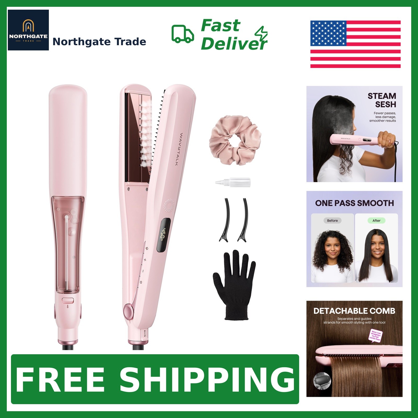 Wavytalk Steam Hair Straightener Flat Iron, Sakura Pink
