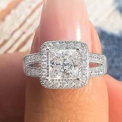 3.50CTW Princess Cut Moissanite Halo Engagement Ring 14k White Gold Plated