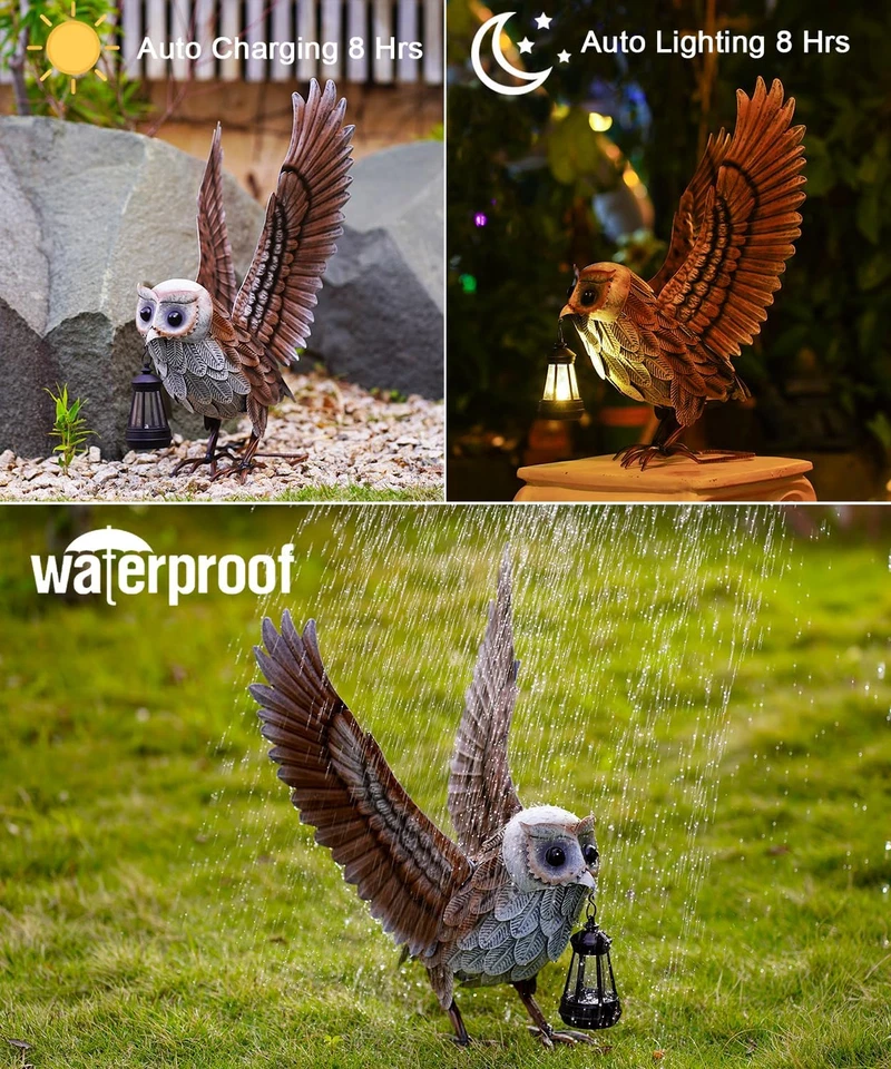 Статуя садовой совы для дворового искусства: металлические уличные скульптуры с солнечным фонарем для  - Изображение 4 из 4