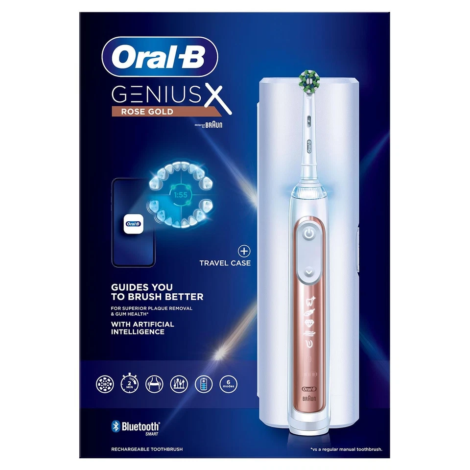 Oral-B Genius X Cepillo de Dientes Inteligente Recargable con Estuche de Viaje, Oro Rosa - Imagen 2 de 4