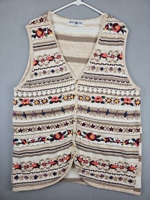 White Stag Plus Vest Women's 16W Beige Embroidered Floral Button Front Boho Y2K