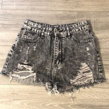 shein distressed black shortie shorts high waist ripped sz m 6 cotton poly