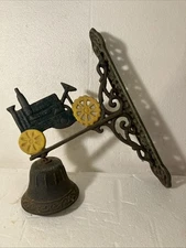 Vintage Cast Iron Farm Tractor Bell, Wall Mount Hanger, Porch Bell, Dinner Bell