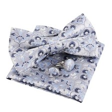 Mens Floral Pre Tied Bow Tie, Pocket Square and 052-silver/ Navy/ Light Blue