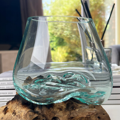 Kinaree Vidrio Fundido Sobre Madera De Raíz - Cuenco De Cristal Sobre Raíz - Madera De Teca Con Jarrón De Cristal O Cuenco (vidrio 11 X 19 Cm