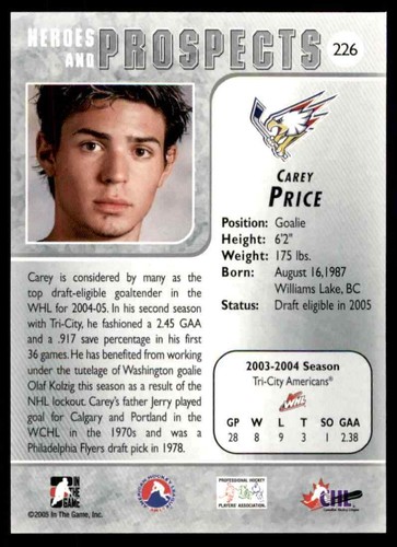 2004 ITG Heroes & Prospects #226 Carey Price XRC PRE-ROOKIE Canadiens de Montréal - Photo 2 sur 3