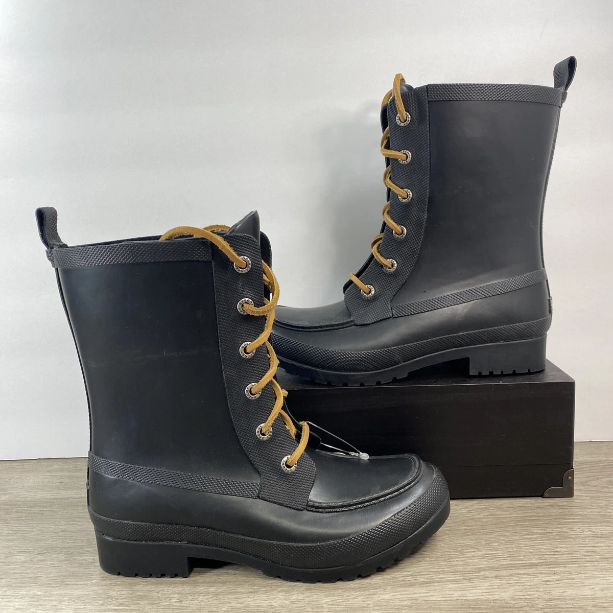 Sperry Topsider Womens Waterproof Black Rubber Rain Boots Laces