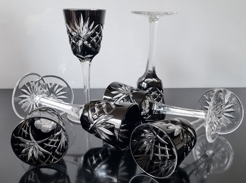 SIX FABERGE NA ZDOROVYE BLACK CASED CUT TO CLEAR CRYSTAL CORDIAL GLASSES, MARKED - Picture 5 of 9