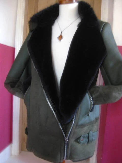 M&S FLYING JACKET COAT AVIATOR COLLECTION green faux suede  12 fur collar teddy - Image 2 of 4