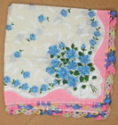 Hankie Pink Blue Vtg Lady's Handkerchief Floral 12" Crochet Trim Square