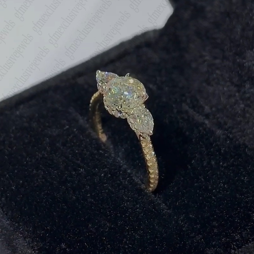 1.65Ctw Round & Pear Moissanite 3-Stones Engagement Ring Solid 14K Two-Tone Gold - Picture 5 of 11