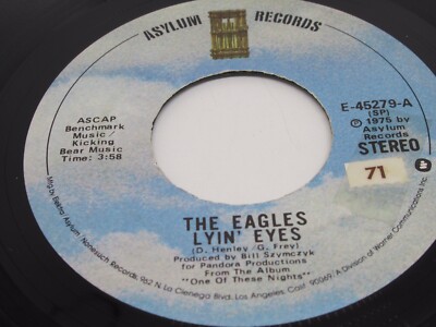 The Eagles Lyin' Eyes / Too Many Hands Asylum 45 RPM Vinyl Record 1975