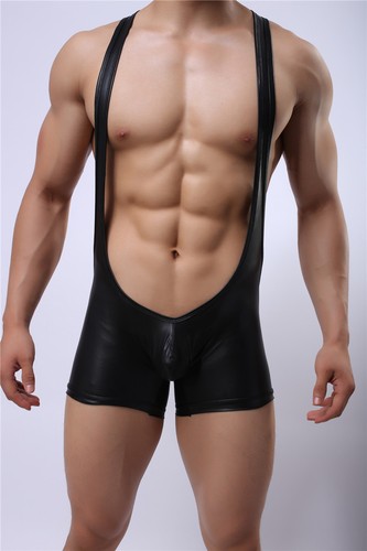Hot Men Faux Leather Underwear Fetish Gay Underwear Wrestling Nightwear Bodysuit - Picture 6 of 9