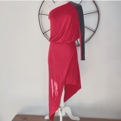 Michelle Mason red asymmetrical jersey leather one shoulder midi gown M  $794