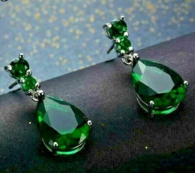 Pear Lab Created Green Emerald Diamond Drop/Dangle Earring 14K White Gold Plated