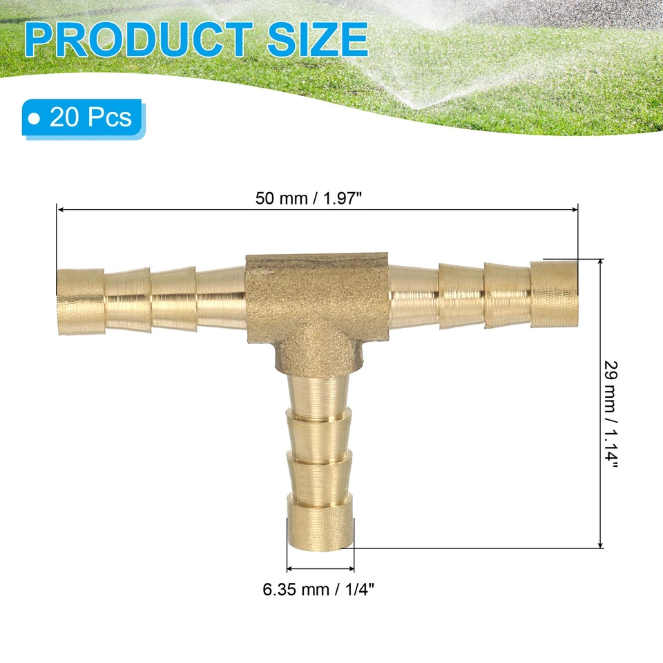 20 Pcs 1/4" Brass Tee Barb Hose Fitting 3Way Adapter Union Barbed Split Golden - Image 2 of 4