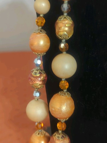 Vintage Vendome Double Strand Necklace & Clip On Earrings Orange Peach Beads - Afbeelding 4 van 17