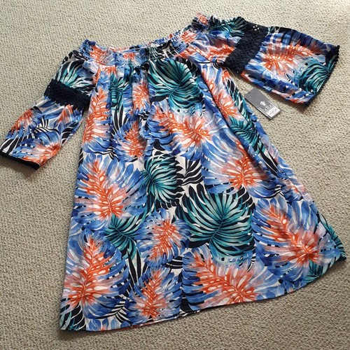 Jennifer Lopez Off Shoulder Tropical Floral trapeze Dress Lace Bell Sleeve M