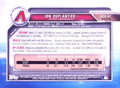 2019 Bowman #BCP-67 Jonathan Duplantier Chrome Prospects rifrattore #/499 - Foto 2 di 2