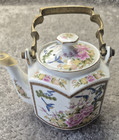 Vtg Japanese Porcelain Teapot Brass Handle w/ Flowers Birds Gold Trim Homco