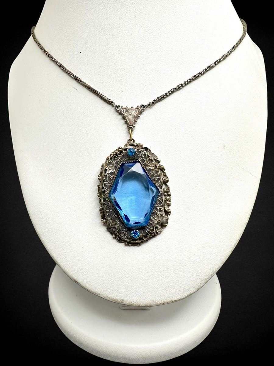 Vintage Antique Art Deco Blue Glass Pendant Necklace Filigree