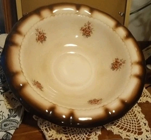 VTG Stoneware Pottery Pink Roses Brown Beige Glazed Fluted Bowl*Kellis 1-81* 13"