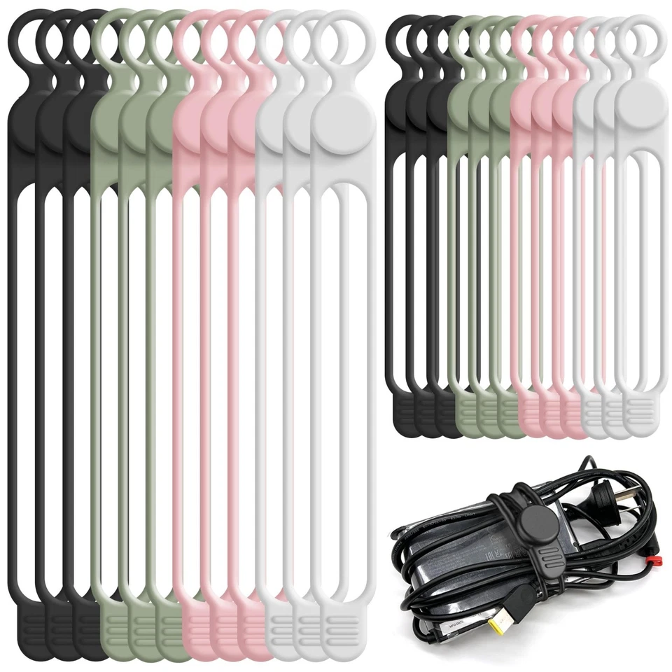Silicone Cable Straps, Reusable Cord Organizers, 4 Colors, 24-Pack - Image 2 of 4