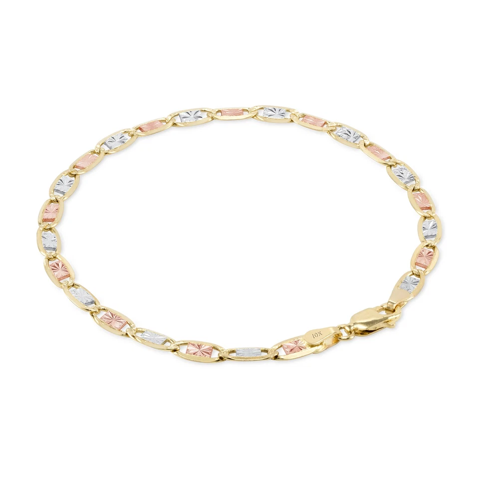 10K Solid Tri-Color Yellow Rose White Gold 4mm Valentino Chain Bracelet 7" 8" 9" - Image 4 of 4