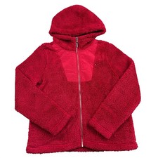 Tommy Hilfiger Red Sherpa Fleece Hoodie Full Zip Teddy Jacket Womens Small
