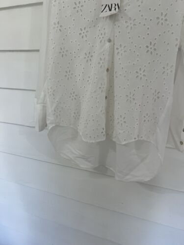 New ZARA White Eyelet Button Front 3/4 Sleeve Shirt V-Neck Relaxed size XS Y324 - Picture 9 of 13