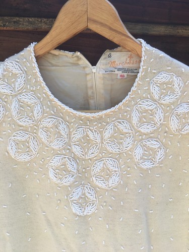 Vintage BEADED Sleeveless Shirt MARCHESSA wool Blend Beige White Medium - Picture 4 of 10