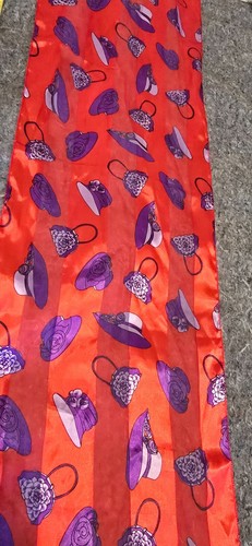 Vtg Red Hat Society scarf red w/ purple hats about 57" long - Picture 3 of 6