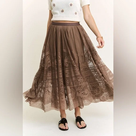 ADORA Mocha Brown Boho Cottage - Elastic Waist Raw Hem Lace Maxi Skirt - Size M