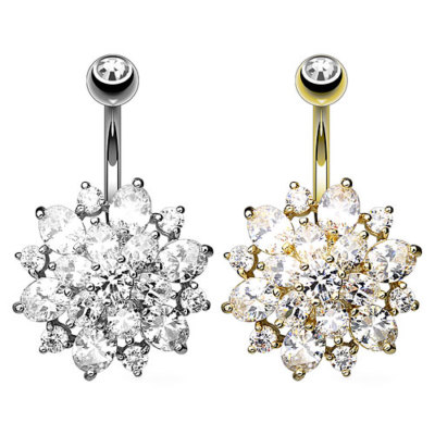 Stylisches Bauchnabelpiercing Dahlia Blume Blüte Gold IP mit vielen Kristallen