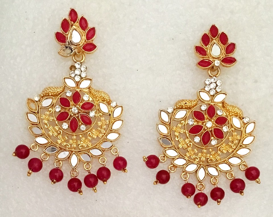 New Bridal Maang Tikka Earrings Pearl Kundan Bollywood Gold Tone Indian