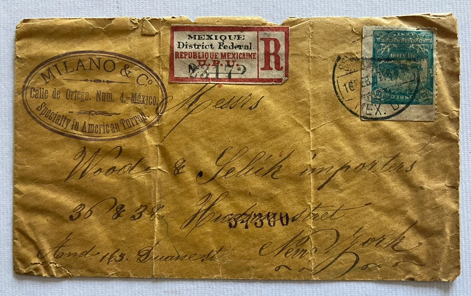 Cubierta Registrada México 15c Brt. Caja de llegada Blue Scott 251 a Nueva York 16 de febrero de 1897 Foto 2 de 4