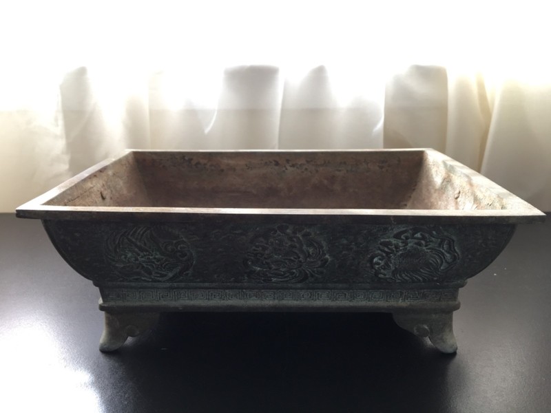 Antique Orential Bronze Rectangle Incense Burner with Double Dragon Ears