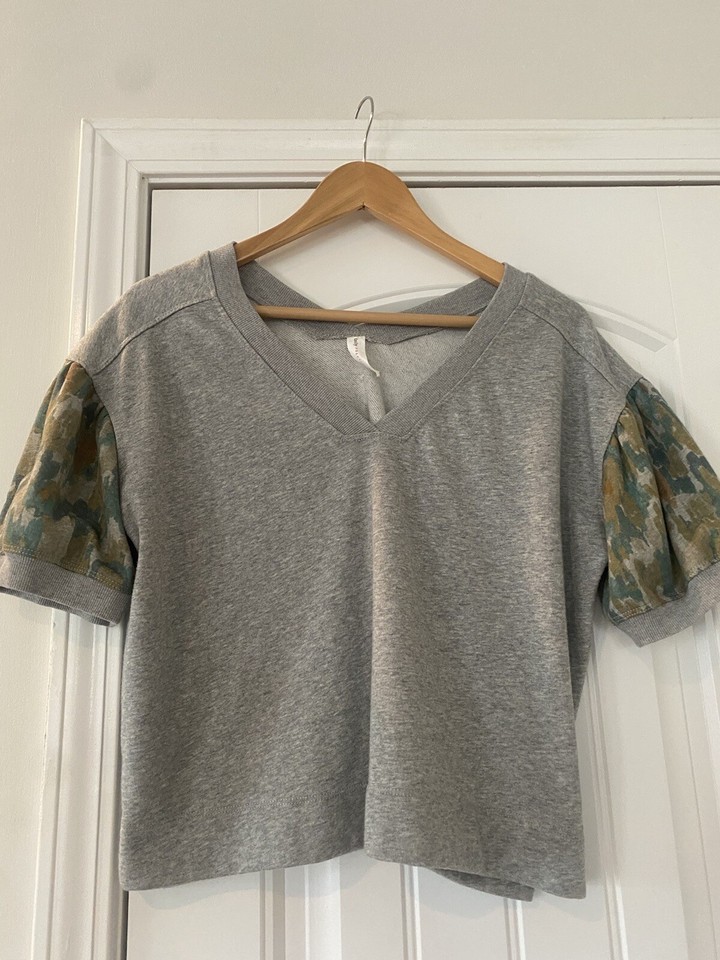 New Anthropologie Daily Practice Moss Puff Sleeve Top Gray Green Sz