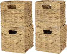 4 Pack 9" Wicker Storage Cubes, Water Hyacinth & Foldable Wicker Baskets with Bu