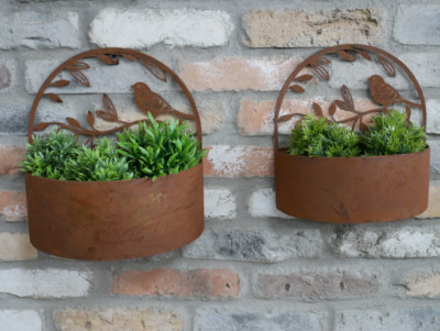 Wand Pflanzgefäße mit Vogel Design, rustikales Metall 2er Set, 28-32 cm Höhe