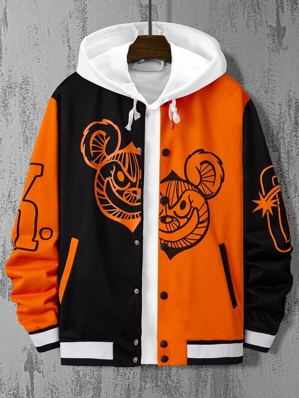 Men Letter Graphic Two Tone Drop Shoulder Varsity Jacket Without Hoodie |  eBay