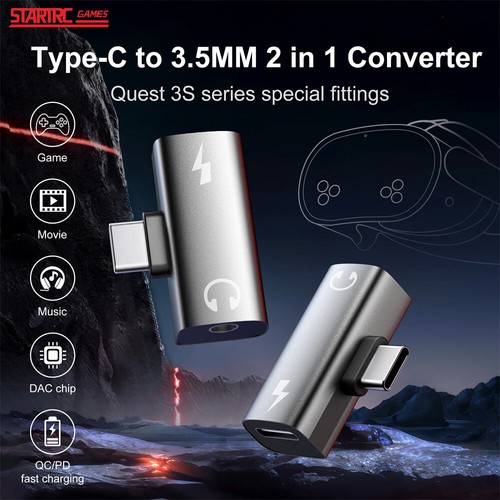 For Meta Quest 3S VR 2 IN 1 Audio Adapter 3.5mm T-Charging Headset Converter New - Zdjęcie 3 z 9