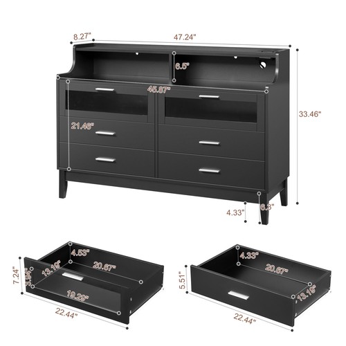 6-Drawer Nightstand - 2 Tempered Glass LED Lighting Drawers & Black Beside Table - Picture 3 of 24