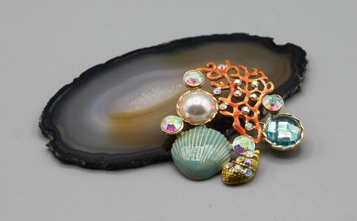 Shell coral pearl pin brooch jewelry fashion water ocean elegant gold tone - Picture 3 of 12