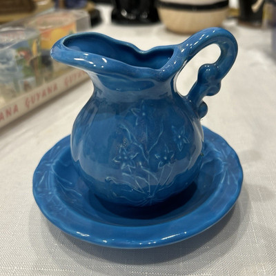 Unmarked Blue Ceramic Floral 10oz Creamer w/ Underplate Saucer Set 1983