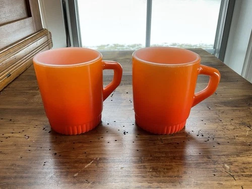 Vintage  Anchor Hocking Fire King Orange Ombre Milk Glass Coffee Mugs (2)
